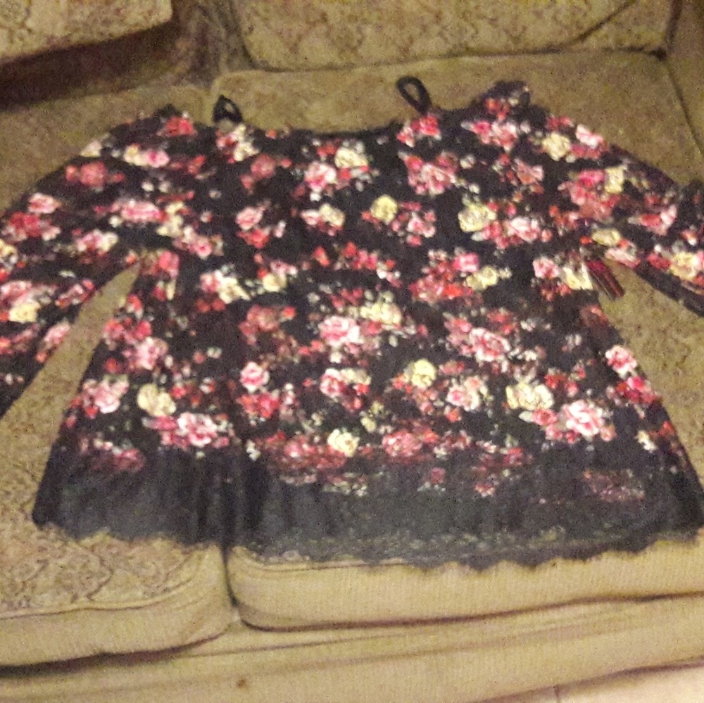Peasant blouse black with red,yellow & white flowe